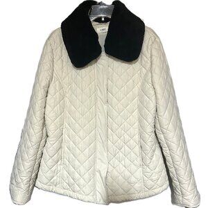 Cato’s cream quilted puffer coat with black faux fur collar, XL
